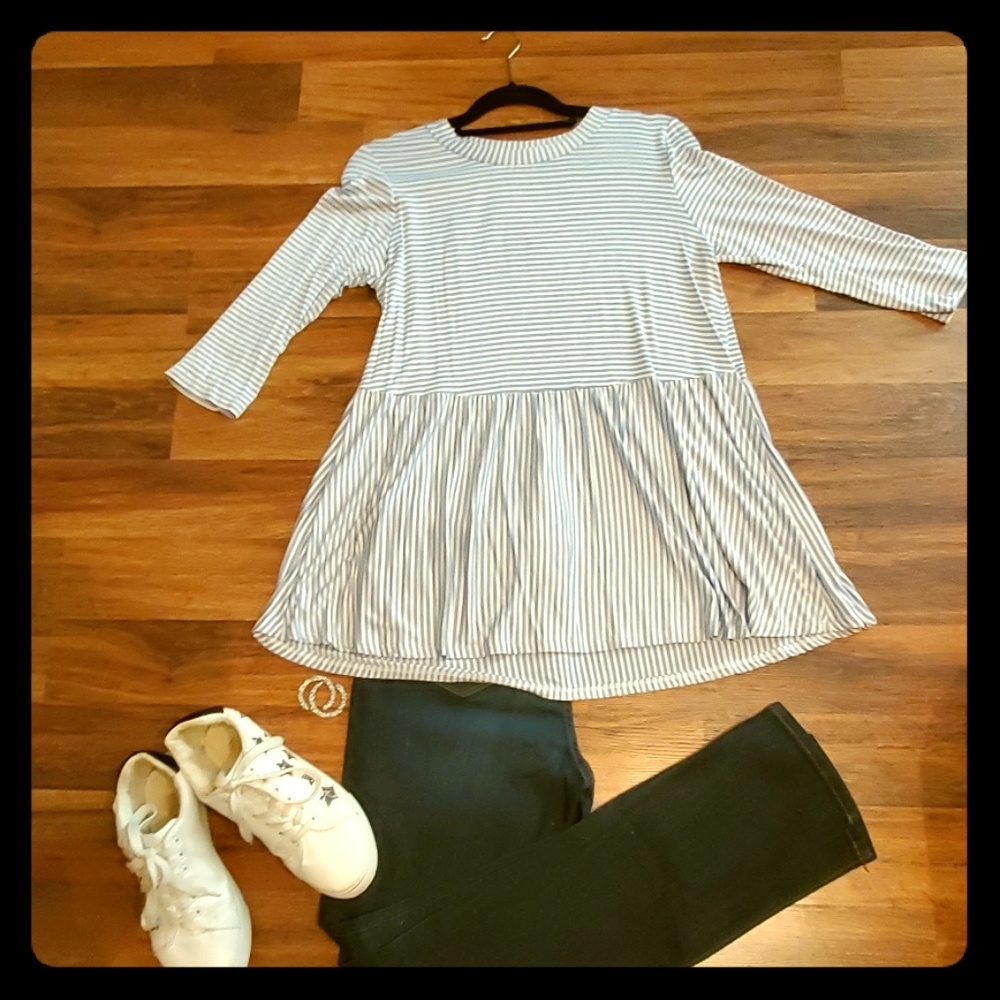 Cream and Blue Striped Baby Doll Top